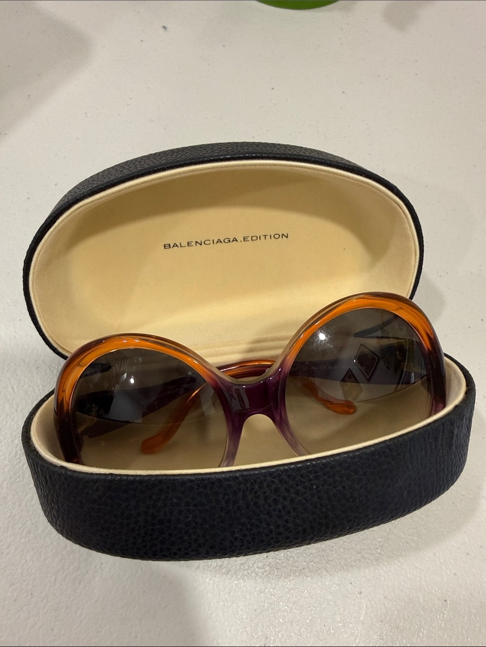 Balenciaga Butterfly Glasses & Black Pebble Leather Eyewear Case with Gold Logo